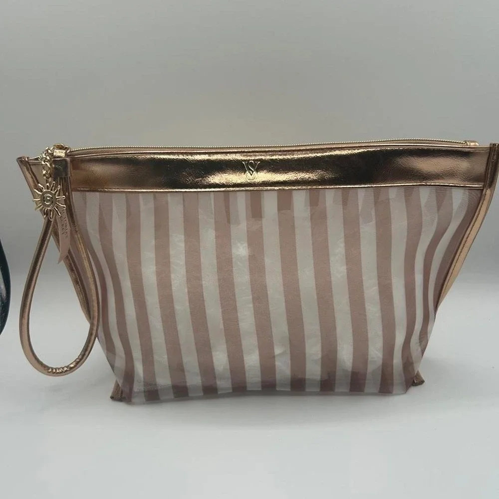 NWT Victoria's Secret Stripe Clear Cosmetic Bag Rose Gold Metallic Makeup Pouch